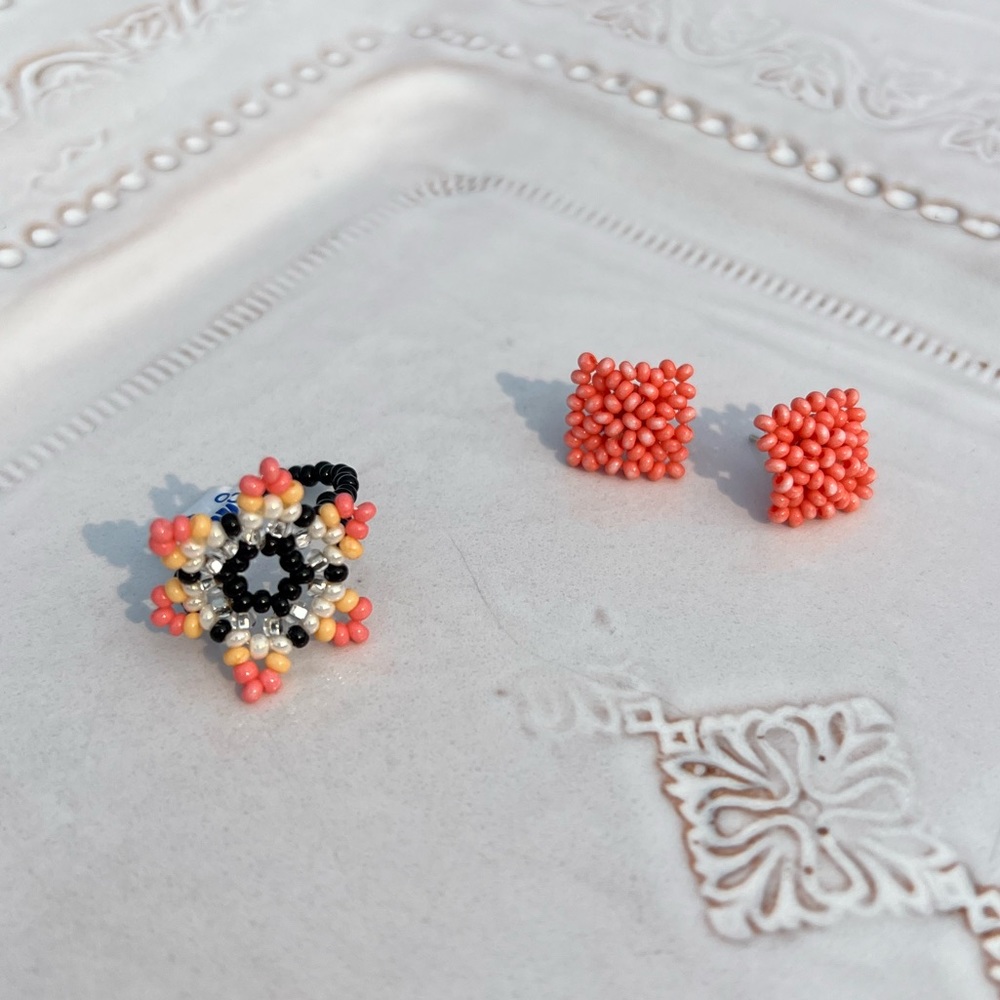 Mexican Hand-Beaded Coral Studs and Ring
